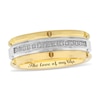 Thumbnail Image 1 of Men's 0.115 CT. T.W. Diamond Centre Stripe Engravable Wedding Band in Tungsten and Yellow Ion-Plate (1 Line)
