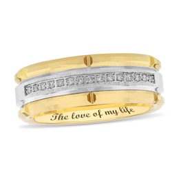 Men's 0.115 CT. T.W. Diamond Centre Stripe Engravable Wedding Band in Tungsten and Yellow Ion-Plate (1 Line)