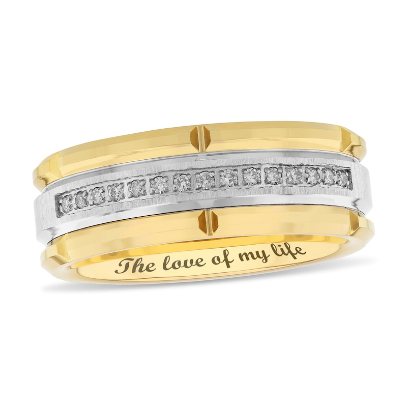 Men's 0.115 CT. T.W. Diamond Centre Stripe Engravable Wedding Band in Tungsten and Yellow Ion-Plate (1 Line)