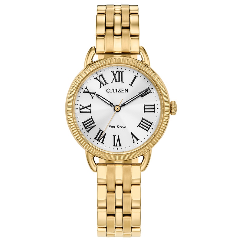 Ladies' Citizen Eco-Drive® Classic Gold-Tone IP Watch with Silver-Tone Dial (Model: EM1052-51A)