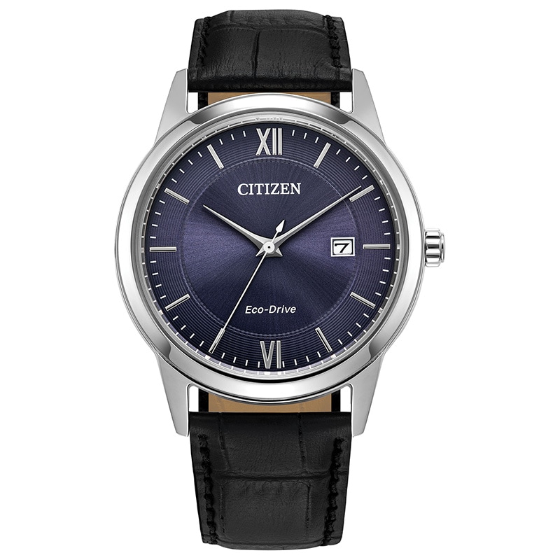 Men's Citizen Eco-Drive® Classic Black Leather Strap Watch with Blue Dial (Model: AW1780-09L)