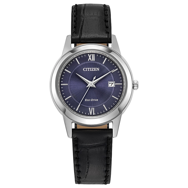 Ladies' Citizen Eco-Drive® Classic Black Leather Strap Watch with Blue Dial (Model: FE1087-01L)