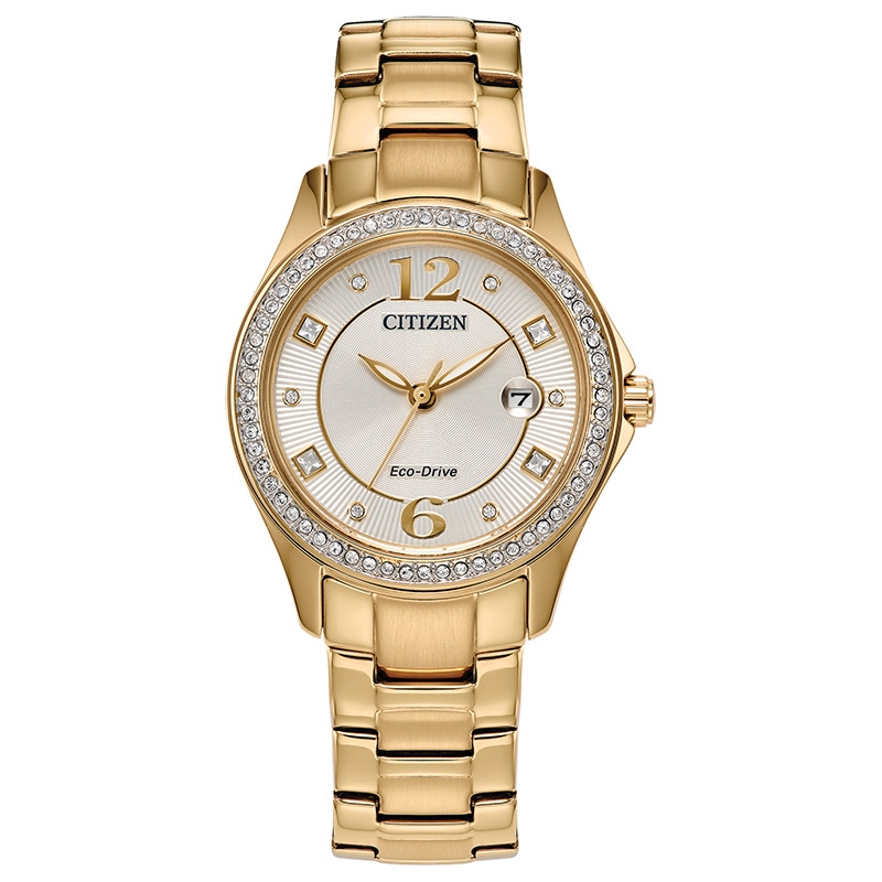 Ladies' Citizen Eco-Drive® Crystal Accent Gold-Tone IP Watch with Champagne Dial (Model: FE1147-79P)