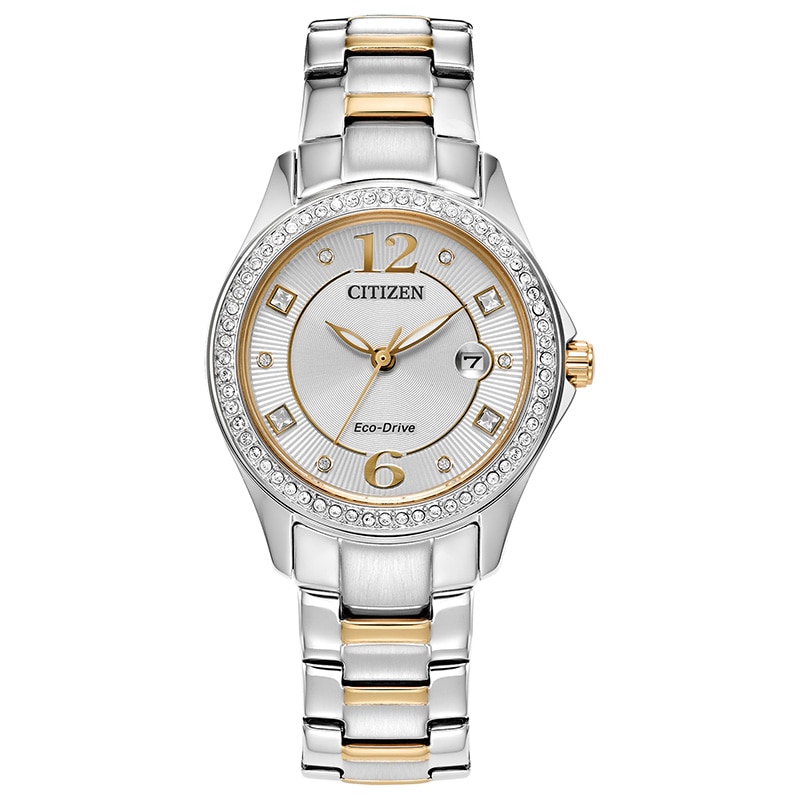 Ladies' Citizen Eco-Drive® Crystal Accent Two-Tone IP Watch with Silver-Tone Dial (Model: FE1146-71A)