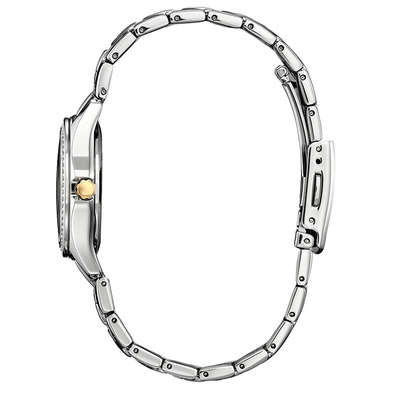 Ladies' Citizen Eco-Drive® Crystal Accent Two-Tone IP Watch with Silver-Tone Dial (Model: FE1146-71A)