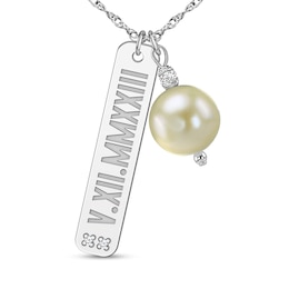 10.0mm Natural Freshwater Pearl and Diamond Accent Engravable Roman Numeral 30.0mm Bar Pendant (1 Date)