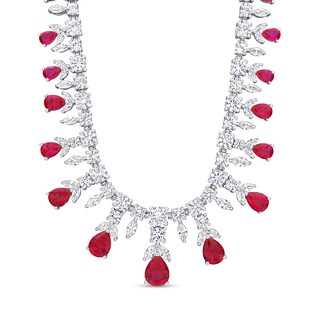 Pear-Shaped Lab-Created Ruby and White Lab-Created Sapphire Graduating Chandelier Necklace in Sterling Silver - 17"