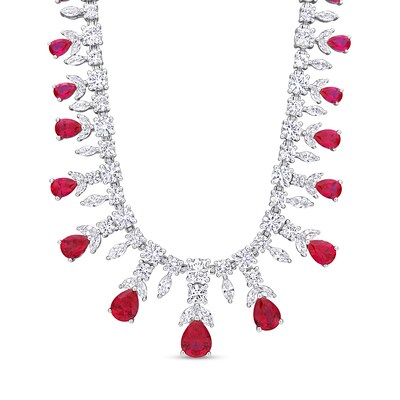 Pear-Shaped Lab-Created Ruby and White Lab-Created Sapphire Graduating Chandelier Necklace in Sterling Silver - 17"
