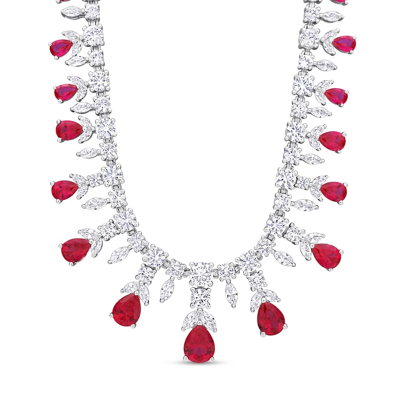 Pear-Shaped Lab-Created Ruby and White Lab-Created Sapphire Graduating Chandelier Necklace in Sterling Silver - 17"