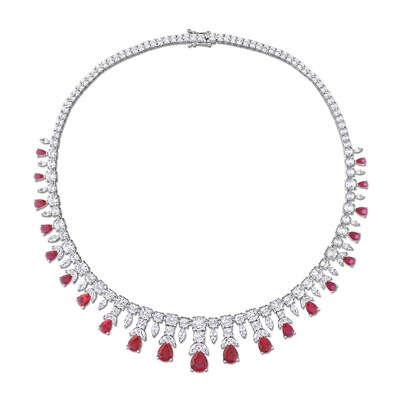Pear-Shaped Lab-Created Ruby and White Lab-Created Sapphire Graduating Chandelier Necklace in Sterling Silver - 17"