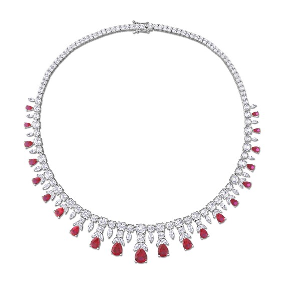 Pear-Shaped Lab-Created Ruby and White Lab-Created Sapphire Graduating Chandelier Necklace in Sterling Silver - 17"