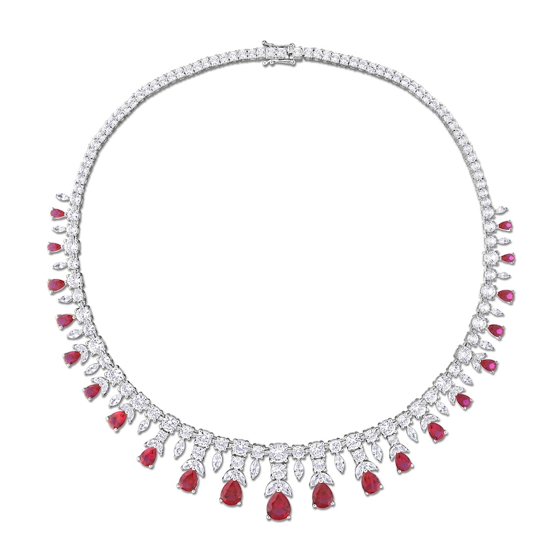 Pear-Shaped Lab-Created Ruby and White Lab-Created Sapphire Graduating Chandelier Necklace in Sterling Silver - 17"