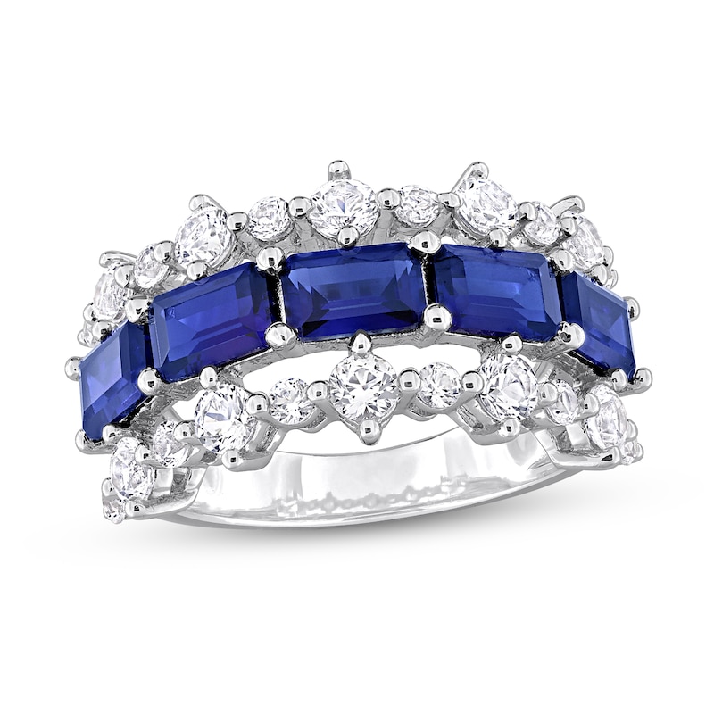 Sideways Emerald-Cut Blue Lab-Created Sapphire and White Lab-Created Sapphire Edge Ring in Sterling Silver|Peoples Jewellers