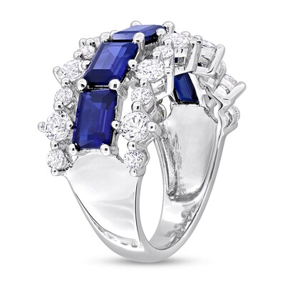 Sideways Emerald-Cut Blue Lab-Created Sapphire and White Lab-Created Sapphire Edge Ring in Sterling Silver