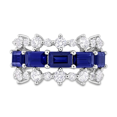Sideways Emerald-Cut Blue Lab-Created Sapphire and White Lab-Created Sapphire Edge Ring in Sterling Silver