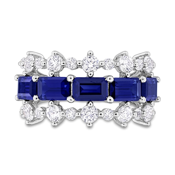 Sideways Emerald-Cut Blue Lab-Created Sapphire and White Lab-Created Sapphire Edge Ring in Sterling Silver