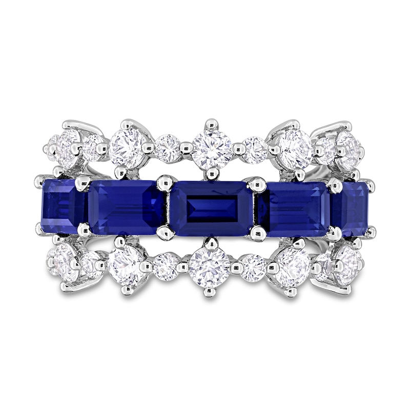 Sideways Emerald-Cut Blue Lab-Created Sapphire and White Lab-Created Sapphire Edge Ring in Sterling Silver