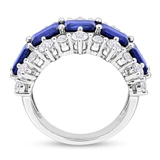 Sideways Emerald-Cut Blue Lab-Created Sapphire and White Lab-Created Sapphire Edge Ring in Sterling Silver