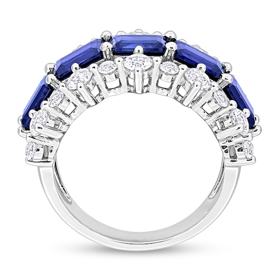 Sideways Emerald-Cut Blue Lab-Created Sapphire and White Lab-Created Sapphire Edge Ring in Sterling Silver