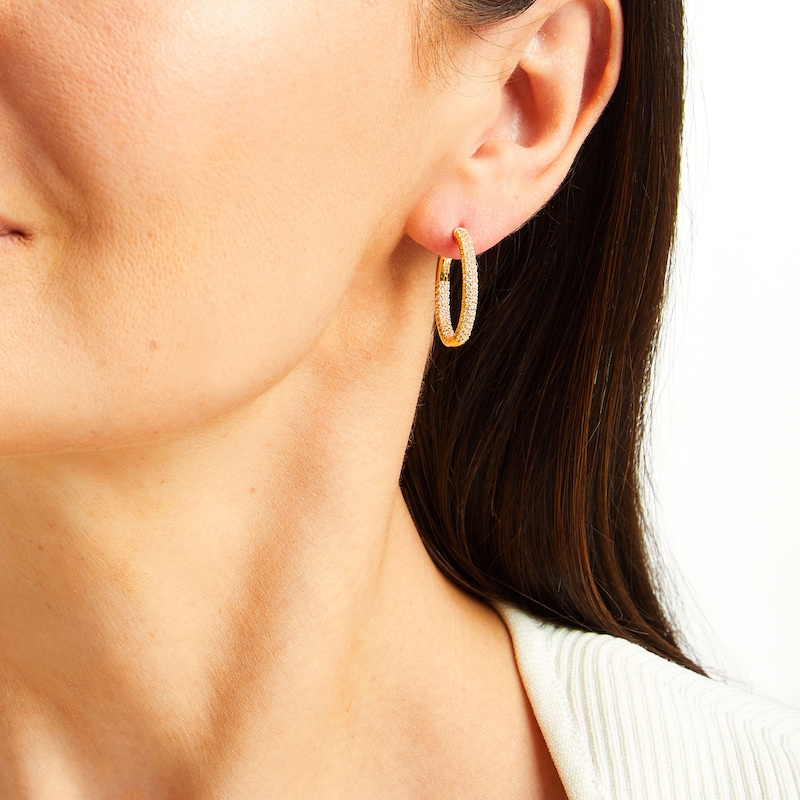 Main Image 2 of 1.00 CT. T.W. Diamond Double Row Inside-Out Hoop Earrings in Sterling Silver with 14K Gold Plate