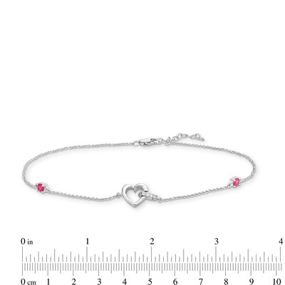 White Lab-Created Sapphire Heart and Lab-Created Ruby Bead Anklet in Sterling Silver - 10"