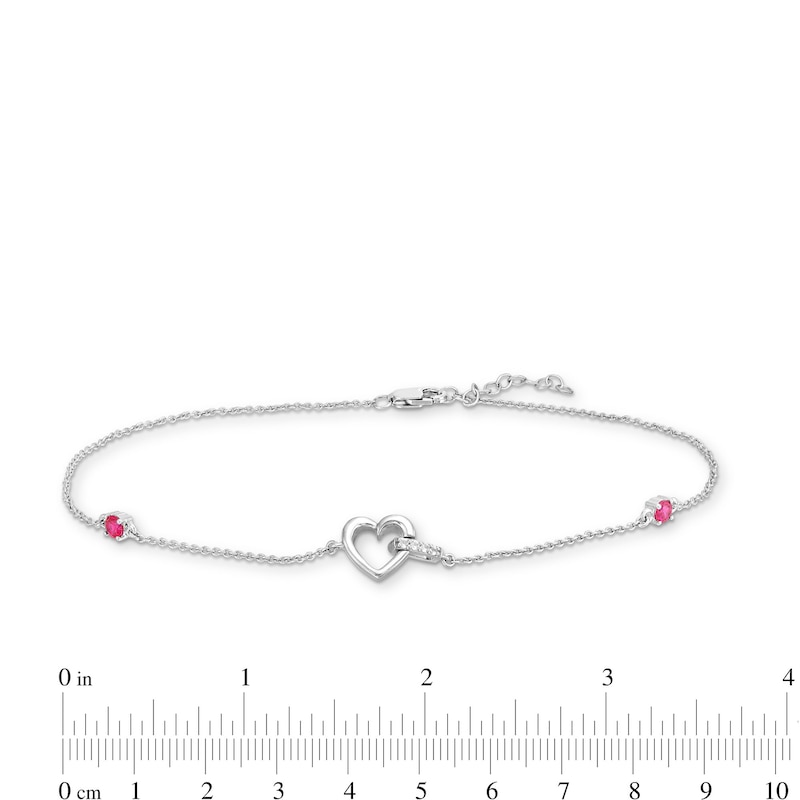 White Lab-Created Sapphire Heart and Lab-Created Ruby Bead Anklet in Sterling Silver - 10"