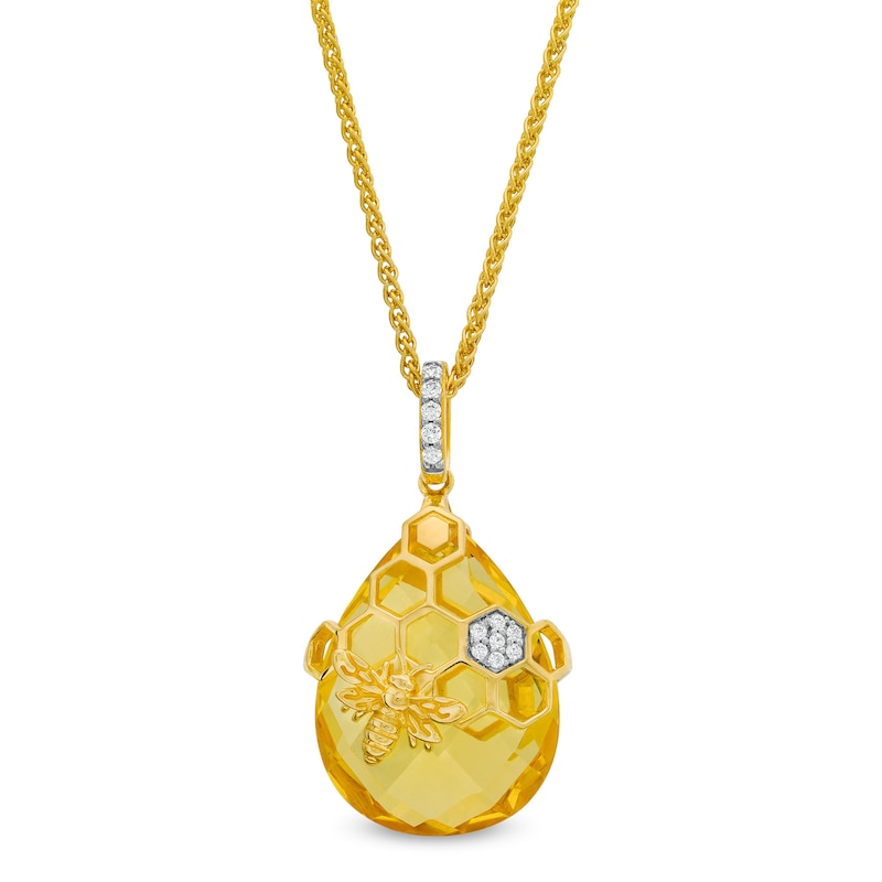 Main Image 1 of Faceted Pear-Shaped Citrine and White Lab-Created Sapphire Honeycomb Pendant in Sterling Silver with 14K Gold Plate