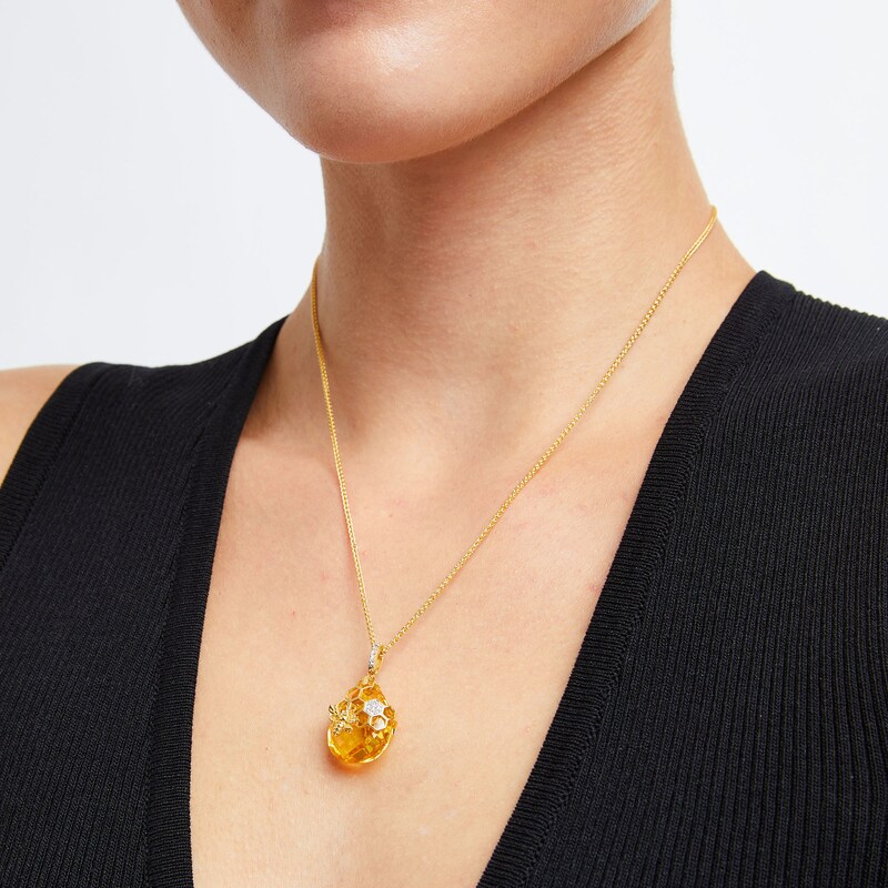 Main Image 2 of Faceted Pear-Shaped Citrine and White Lab-Created Sapphire Honeycomb Pendant in Sterling Silver with 14K Gold Plate