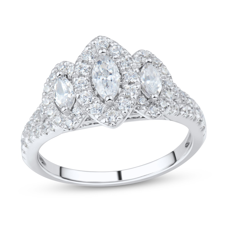 0.95 CT. T.W. Marquise-Cut Diamond Frame Three Stone Engagement Ring in 14K White Gold (I/I1-I2)