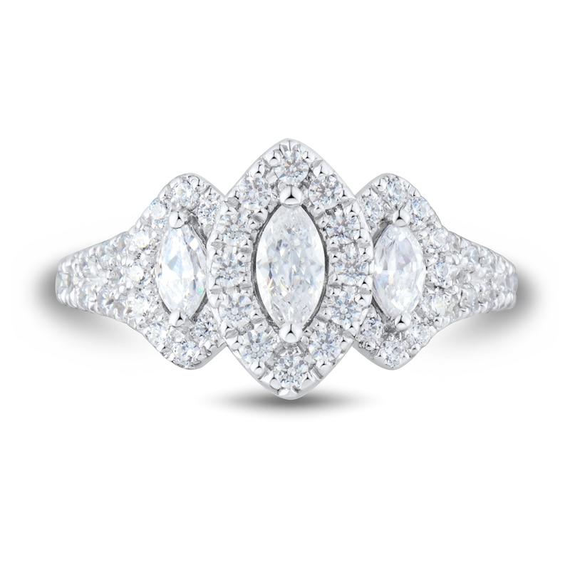 0.95 CT. T.W. Marquise-Cut Diamond Frame Three Stone Engagement Ring in 14K White Gold (I/I1-I2)|Peoples Jewellers