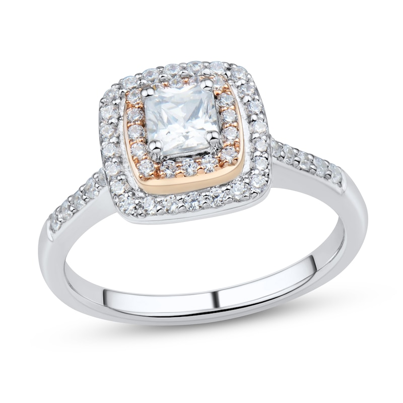 Main Image 1 of 0.69 CT. T.W. Cushion-Cut Diamond Double Frame Engagement Ring in 14K Two-Tone Gold (I/SI2)