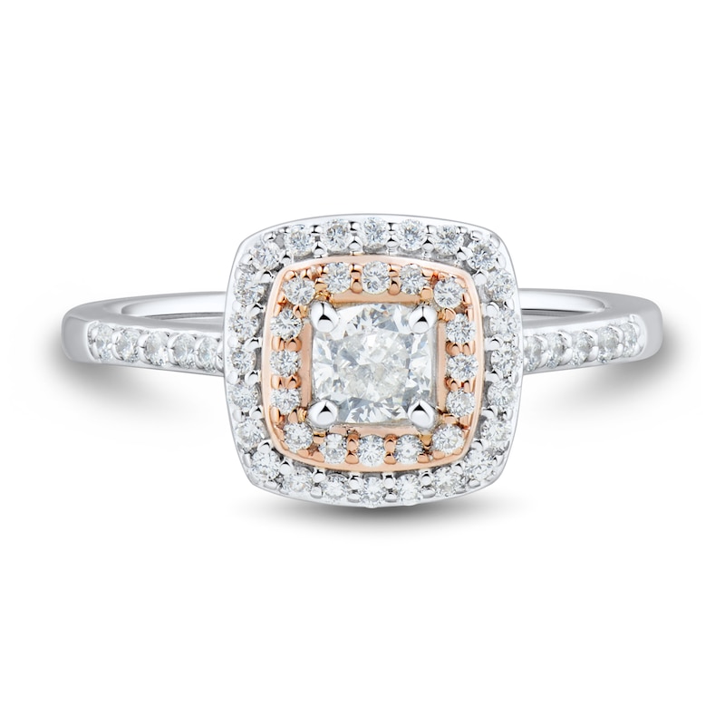Main Image 3 of 0.69 CT. T.W. Cushion-Cut Diamond Double Frame Engagement Ring in 14K Two-Tone Gold (I/SI2)