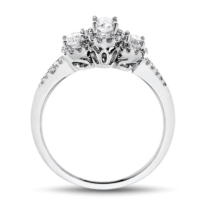 0.95 CT. T.W. Oval Diamond Frame Three Stone Split Shank Engagement Ring in 14K White Gold (I/I1-SI2)