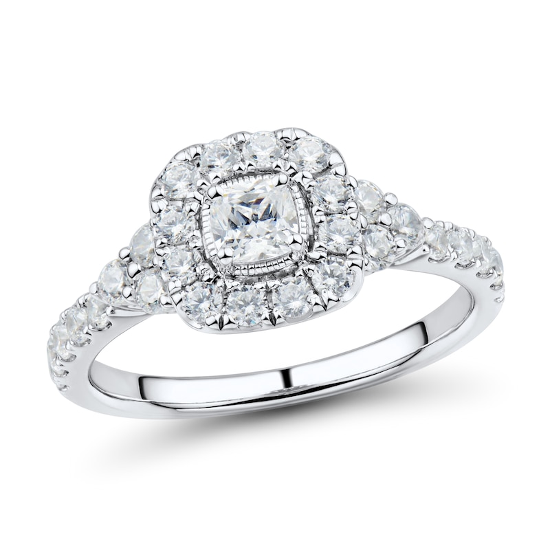 Main Image 1 of 0.95 CT. T.W. Cushion-Cut Diamond Frame Tri-Sides Vintage-Style Engagement Ring in 14K White Gold (I/SI2)