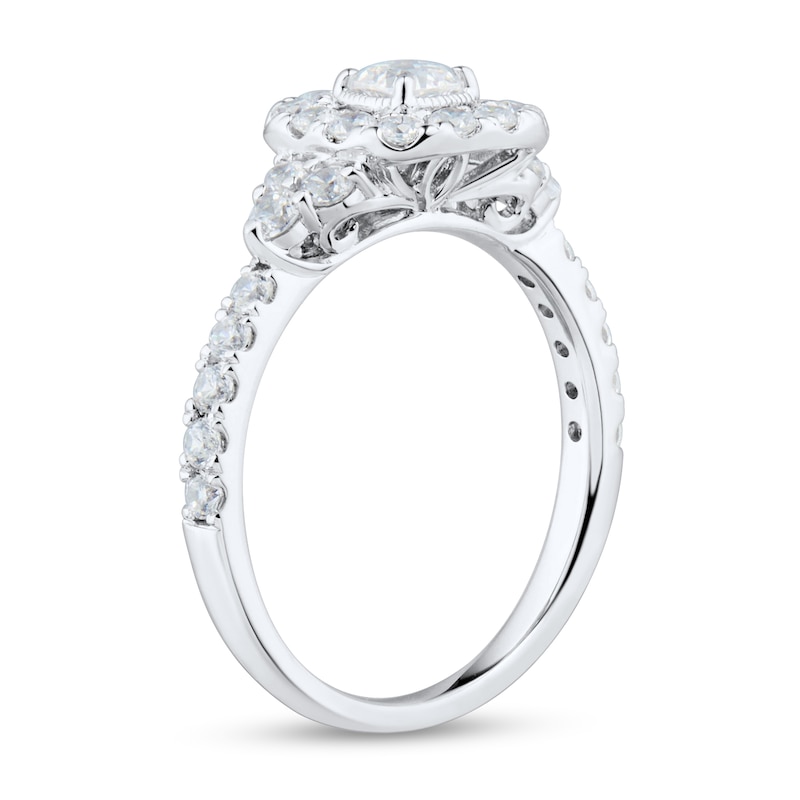 Main Image 2 of 0.95 CT. T.W. Cushion-Cut Diamond Frame Tri-Sides Vintage-Style Engagement Ring in 14K White Gold (I/SI2)