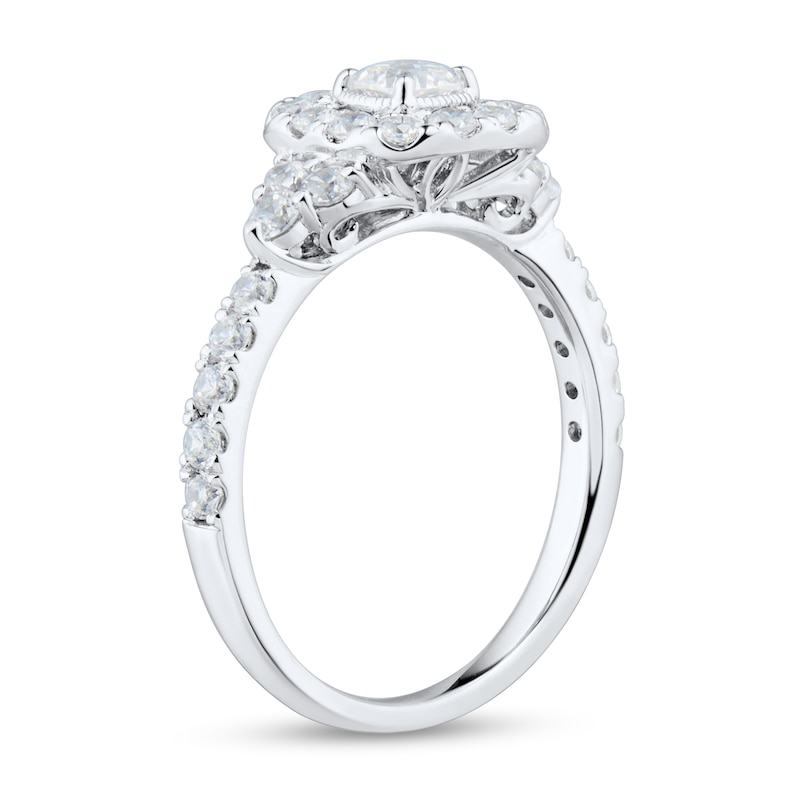 0.95 CT. T.W. Cushion-Cut Diamond Frame Tri-Sides Vintage-Style Engagement Ring in 14K White Gold (I/SI2)