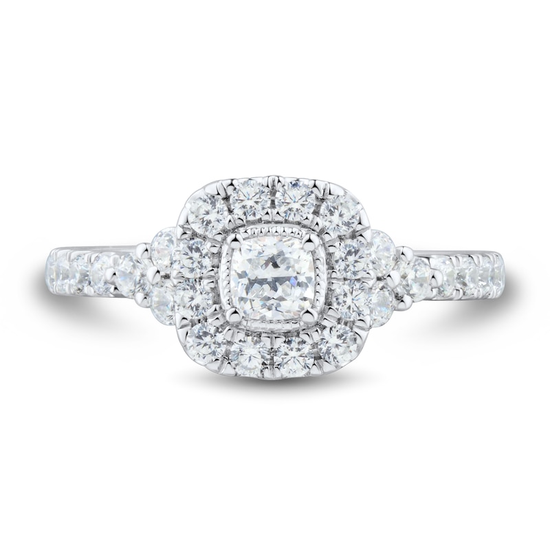 Main Image 3 of 0.95 CT. T.W. Cushion-Cut Diamond Frame Tri-Sides Vintage-Style Engagement Ring in 14K White Gold (I/SI2)