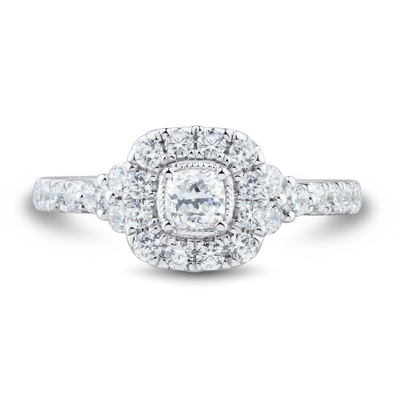 0.95 CT. T.W. Cushion-Cut Diamond Frame Tri-Sides Vintage-Style Engagement Ring in 14K White Gold (I/SI2)