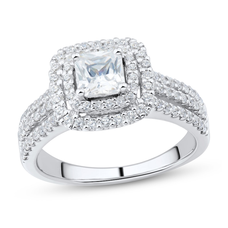 1.23 CT. T.W. Cushion-Cut Diamond Double Frame Triple Row Engagement Ring in 14K White Gold (I/I1)
