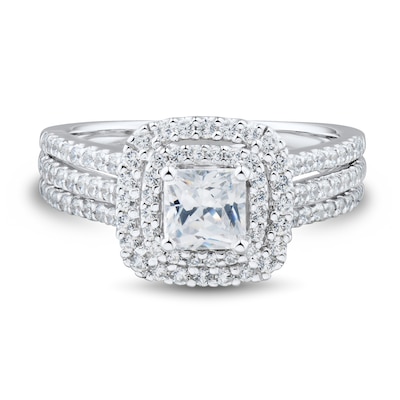 1.23 CT. T.W. Cushion-Cut Diamond Double Frame Triple Row Engagement Ring in 14K White Gold (I/I1)