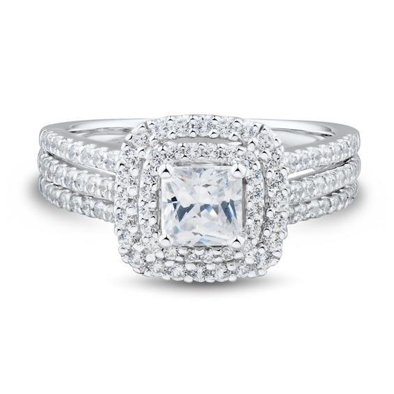1.23 CT. T.W. Cushion-Cut Diamond Double Frame Triple Row Engagement Ring in 14K White Gold (I/I1)