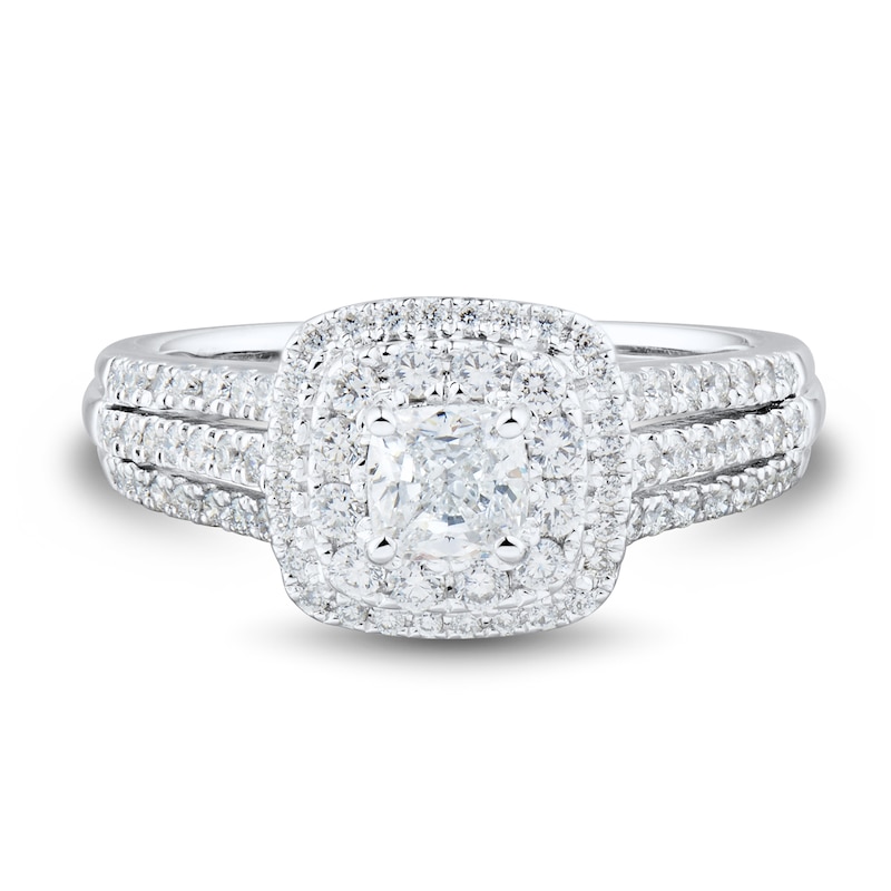 0.95 CT. T.W. Cushion-Cut Diamond Double Frame Triple Row Engagement Ring in 14K White Gold (I/I1)|Peoples Jewellers