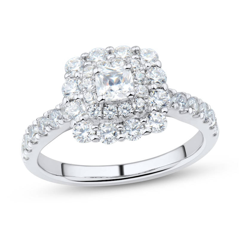 Main Image 1 of 1.45 CT. T.W. Cushion-Cut Diamond Scallop Frame Engagement Ring in 14K White Gold (I/SI2)