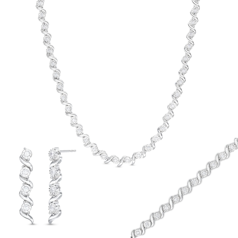 Main Image 1 of 1.63 CT. T.W. Diamond Cascading Tennis-Style Necklace, Bracelet and Drop Earrings Set in Sterling Silver