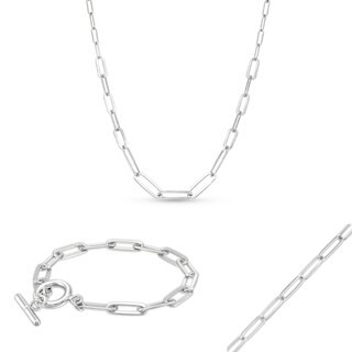 Paper Clip Chain Necklace and Bracelet Set in Solid Sterling Silver