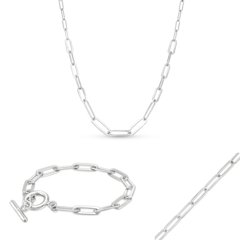 Main Image 1 of Paper Clip Chain Necklace and Bracelet Set in Solid Sterling Silver