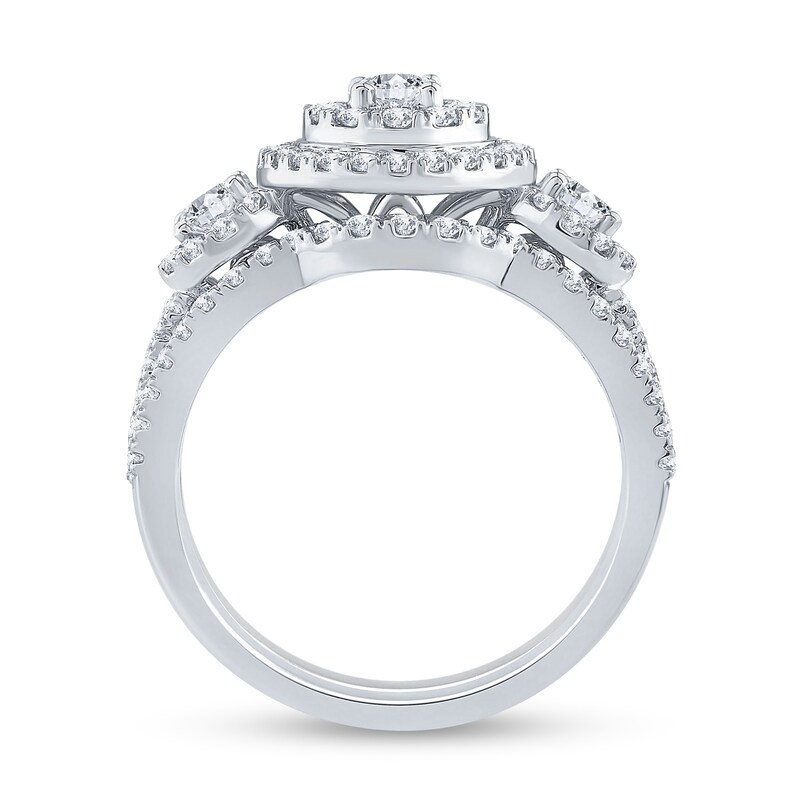 1.40 CT. T.W. Oval Diamond Frame Double Row Three Stone Bridal Set in 14K White Gold (I/I1)