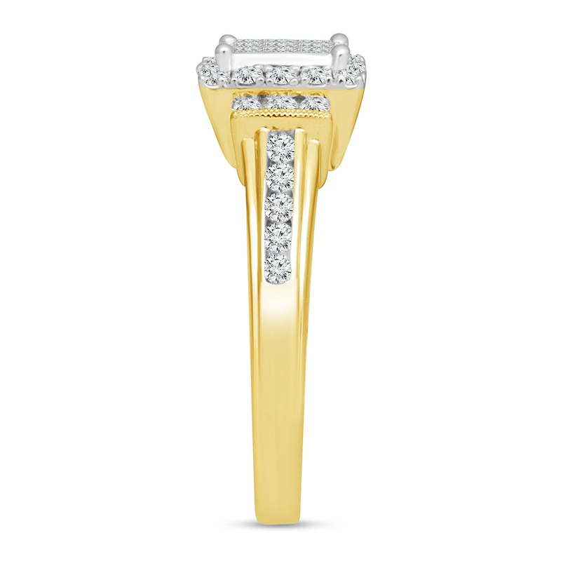 0.58 CT. T.W. Princess Multi-Diamond Linear Tri-Sides Vintage-Style Engagement Ring in 10K Gold