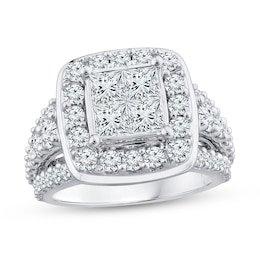 3.37 CT. T.W. Quad Princess-Cut Diamond Cushion Frame Multi-Row Engagement Ring in 14K White Gold