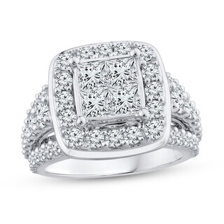 3.37 CT. T.W. Quad Princess-Cut Diamond Cushion Frame Multi-Row Engagement Ring in 14K White Gold